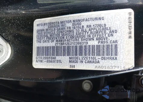 2001 Toyota Corolla Ce from USA, damaged, VIN 2T1BR12E21C388319